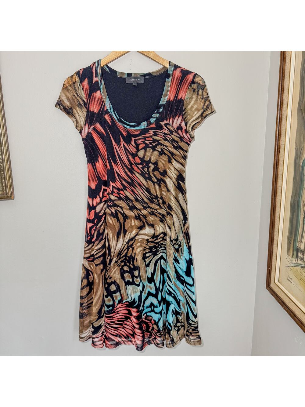 Vtg Y2K Karen Kane Abstract Animal Print Nylon Mesh Midi Dress Whimsigoth Medium